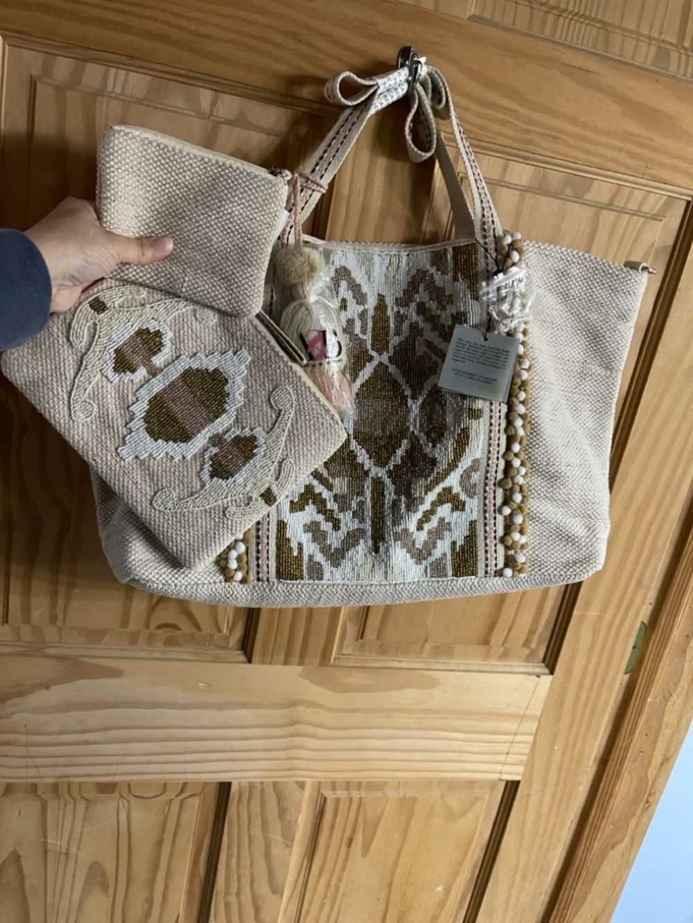 Cream Beaded Tote with Embroidered Pouches
